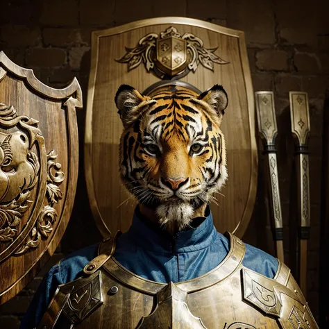 avatar image of a tiger head placed in front of a shield, shield with weapons like sword, teaching, chuỳ gai