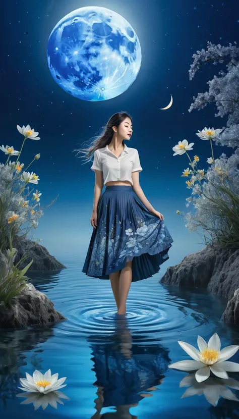 photo, Extremely detailed, a woman in skirt, under moon, water, flower, Blue Theme,  