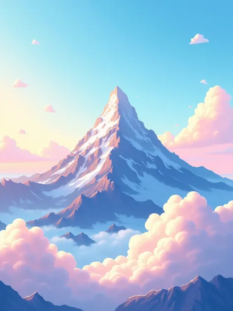 A wide-angle cartoon illustration of a serene mountain scene with fluffy clouds gently floating below the mountain peak, vibrant pastel colors for the sky and landscape, mid-day sunlight giving the clouds a soft glow, shot in a whimsical style with a playf...