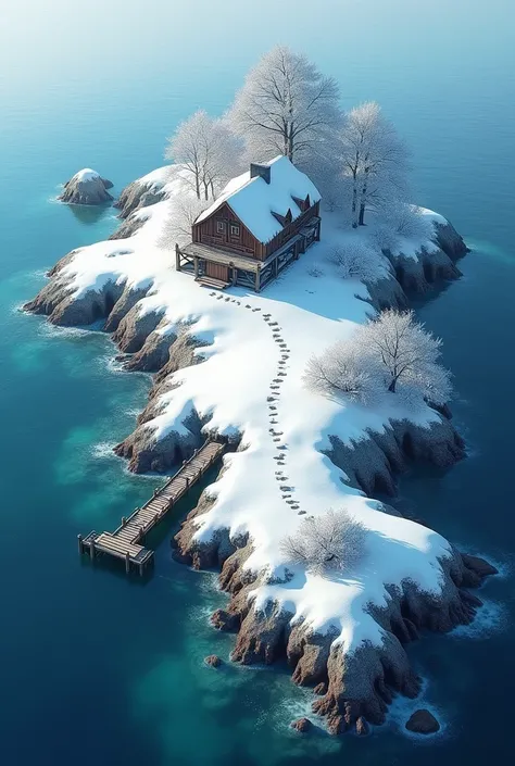 A snowy island in the middle of the sea with wooden bridges and chizas