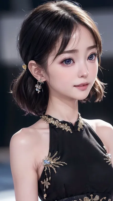 (4K quality:1.3),(Best Quality:1.5),(Whitening:1.4),(Beautiful Skin:1.4),(10th Generation:1.5),(Baby Face:1.5),(The ultimate beauty:1.5),(Arisa Hanyu:1.4),rich,Upper Body,smile,(tits:1.5),(Black strappy bejeweled dress:1.3),(jewelry),(Super Celebrity),(Sup...