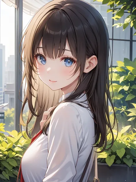 Masterpiece, 8k, Highest quality, Depth of subject, Beautiful high school girl, A gentle gaze, Relaxed atmosphere, Your face is so cute, Emotional expressions, Japanese cityscape, Back Alley, stroll, Beautiful, detailed depiction, Soft sunlight, good morni...