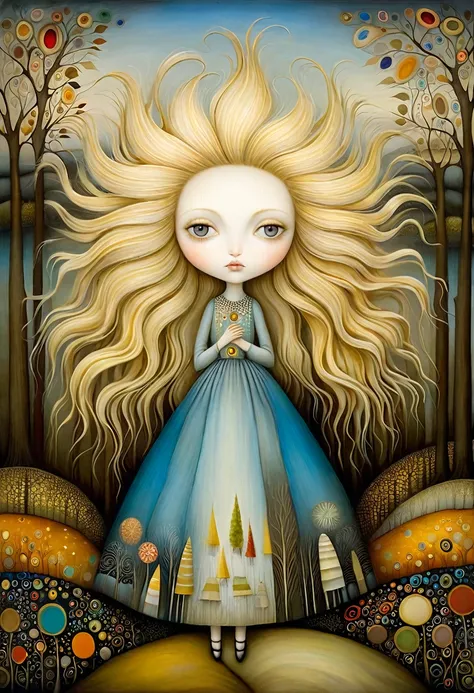 Patchwork de Klimt, Nicoletta Ceccoli, Naoto Hattori, Lawrence Didier, Leonora Carrington as European Woman, ash blonde hair, light dress. It is on top of a gentle hill from where you can see the sea and forests of trees of many colors, she opens her arms ...