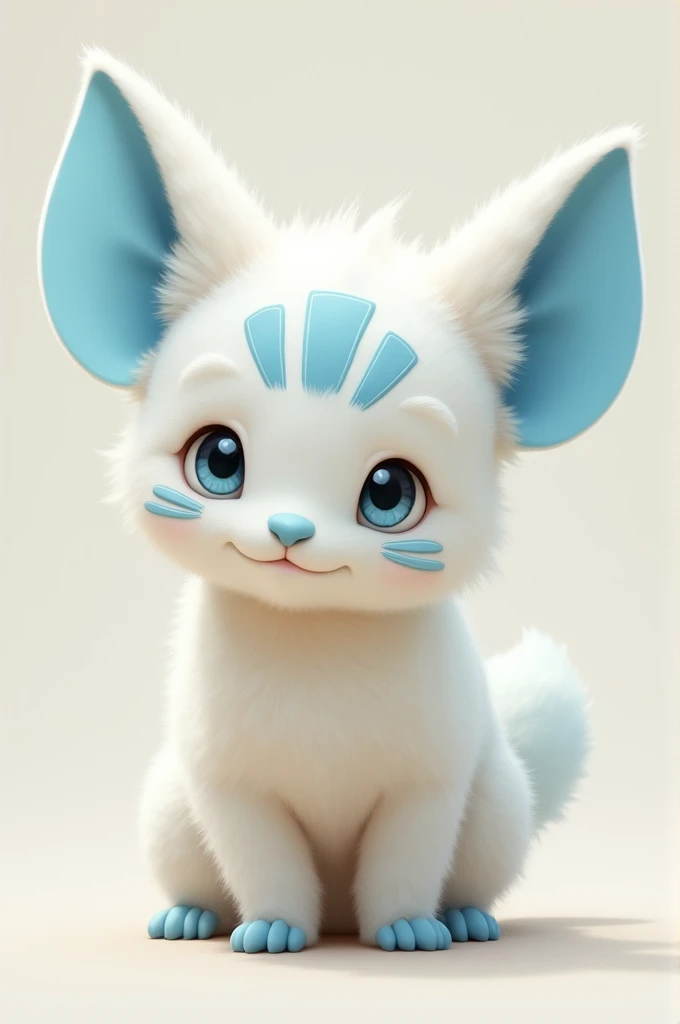 A white furry with light blue ears and three stripes on its head and two stripes on its cheeks that are light blue 