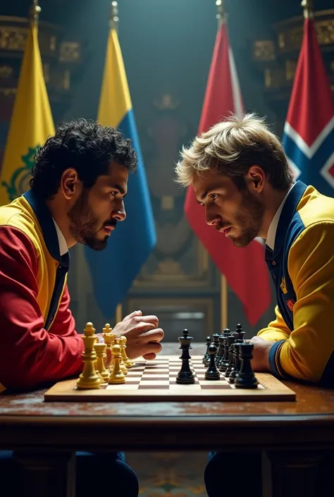 Make a picture of a chess duel. Roberto García Pantoja with the Colombian flag faces Magnus Carlsen with the Norwegian flag
