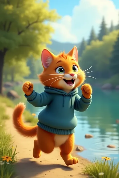 an orange cat, dancing near a lake, with a blue sweatshirt, with cute eyes, full body, 3D animation, Disney, pixar