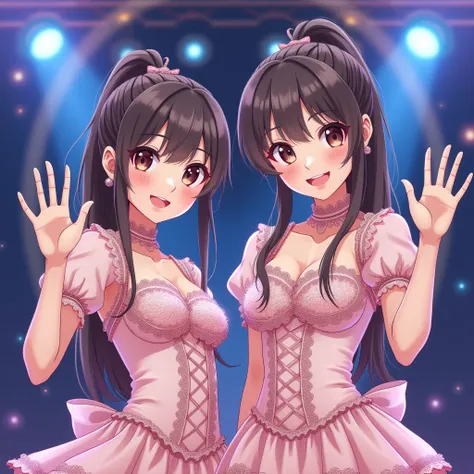 two Japanese female idol with a cute , highly detailed face and eyes, wearing a nice lace stage costume and waving at the camera . She has an impressive big smile , her hair is in a ponytail, and the stage is filled with bright and colorful spotlights that...