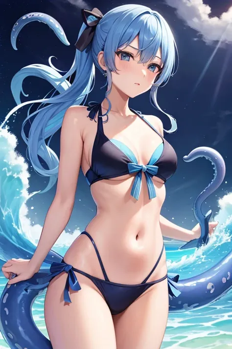 Tall　adult　hoshimachisuisei, side ponytail, blue hair ribbon flat chest　Blue bikini swimsuit　　maritime　Big Octopus　Being attacked by tentacles　Feels good　