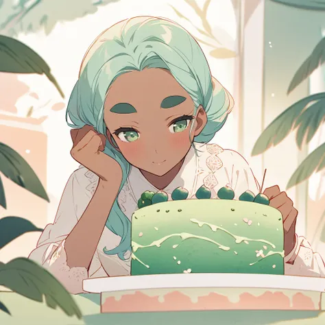 A pastel-colored illustration of a beautiful patissiere girl with dark skin and thick eyebrows, delicately decorating a matcha-flavored whole cake. The soft tones create a calm and charming atmosphere, as she focuses on her work with precision and care