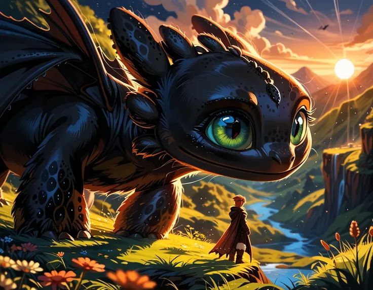 rating_safe, cinematic film still, black dragon, male dragon, (Night Fury from How to Train Your Dragon:1.4), (size difference:1.2), dimly lit, lush green forest, enjoying the view, (cinematic lighting:1.2),, (sunset:1.2), shallow depth of field, vignette,...