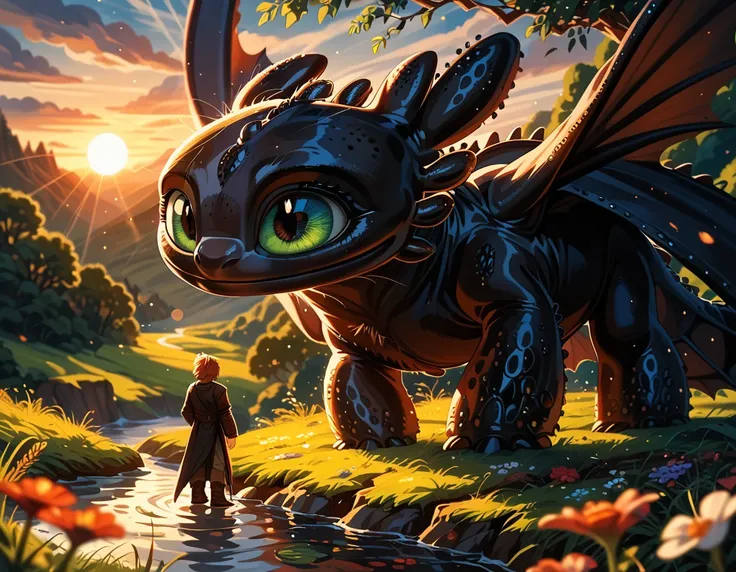 rating_safe, cinematic film still, black dragon, male dragon, (Night Fury from How to Train Your Dragon:1.4), (size difference:1.2), dimly lit, lush green forest, enjoying the view, (cinematic lighting:1.2),, (sunset:1.2), shallow depth of field, vignette,...