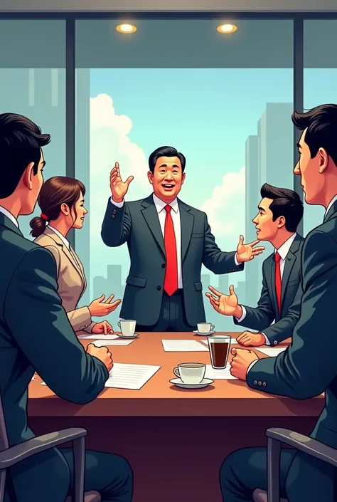 Asian President and his members in conference chatting animated for comic