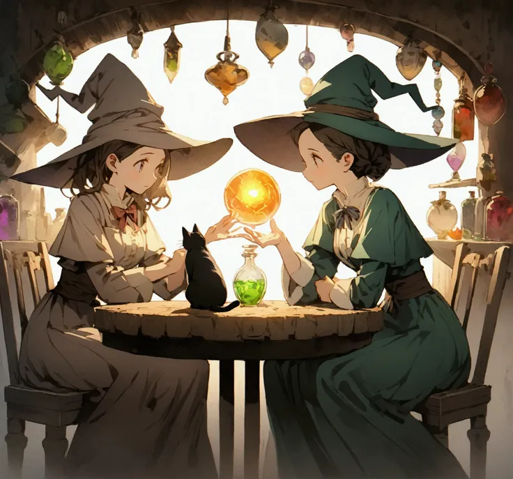 anime girl in witch hat、sitting at a table with a cat, alchemist girl, frivolous anime witch casting a spell, put a spell on the...