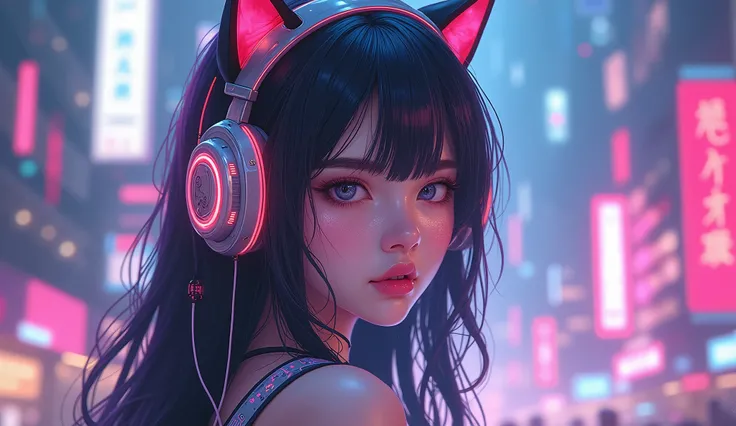 anime girl in futuristic outfit with cat ears and headphones, cute cyborg girl, digital cyberpunk anime art, cyberpunk anime girl mech, female cyberpunk anime girl, cyberpunk anime girl, beutiful girl cyborg, perfect android girl, anime cyberpunk art, port...