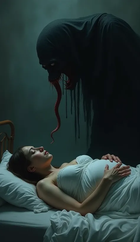 A dark figure hovering over a sleeping pregnant woman, with its long tongue reaching out ominously