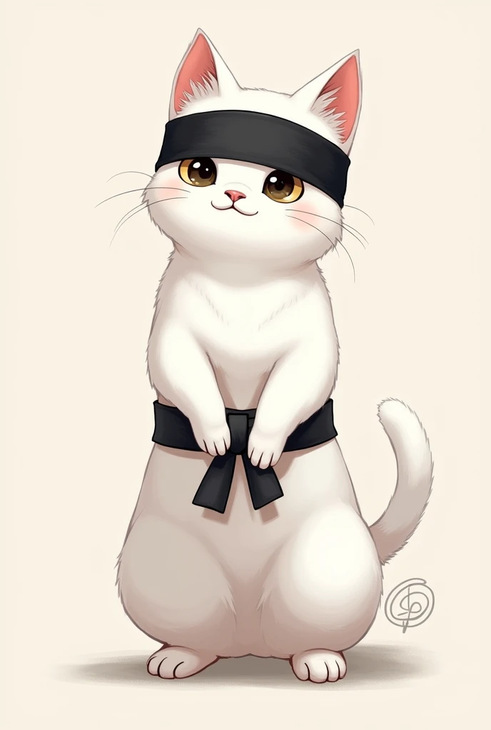 Peux tu me dessiner un chat blanc avec des poiles noirs comme une ceinture de judo qui est sur ses 2 pattes arrières avec un foulard de ninja au niveau du front