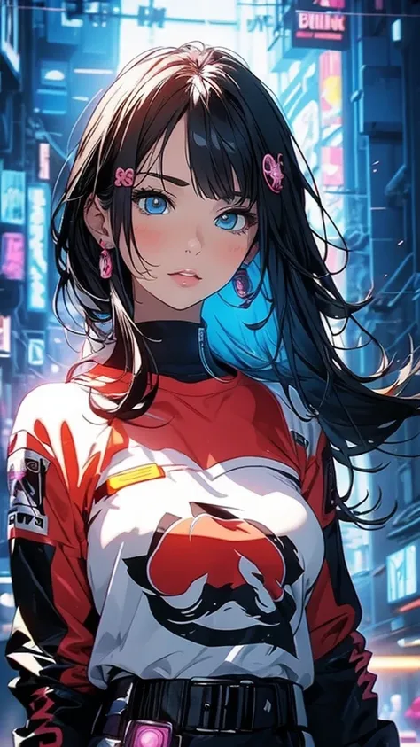 Sexy realistic cartoon woman with PUTERI logo on shirt cyberpunk background