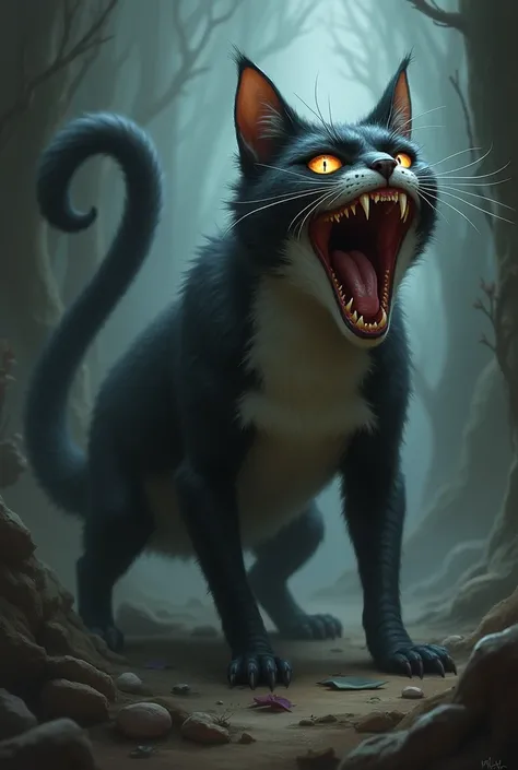 A two-tailed cat monster is laughing