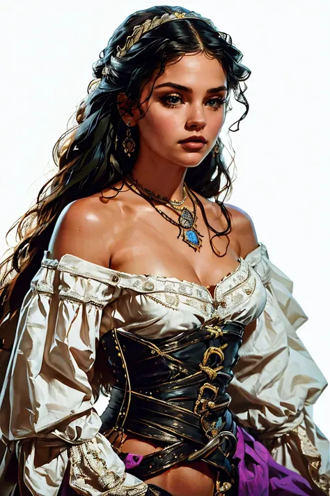 an aristocratic woman from the 17th century based on a young Selena Gomez, highly detailed cinematic illustration, black outlining, full color illustration, vivid colors, white background, masterpiece, 8k, ultra-detailed, physically-based rendering, dramat...