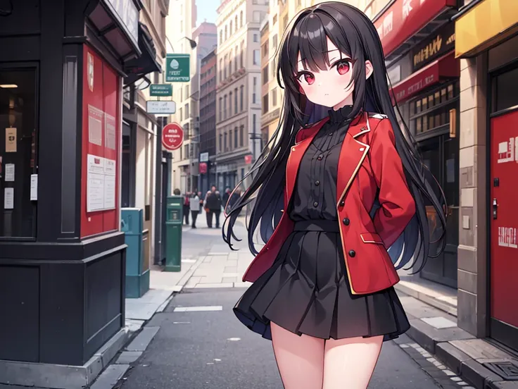 High resolution,masterpiece,Best Quality,Very detailed,Viewer discretion advised,One girl,city, street,Place your arms behind your back, Black Skirt, Red coat, Eye focus,((Character profile)), wear one&#39;s hat low on one&#39;s eyes,walk