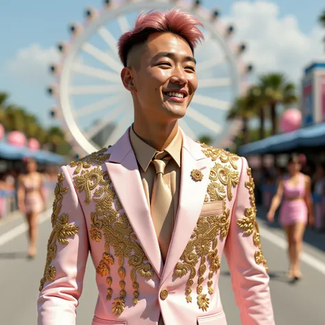 Create an image of a morning fashion show at Orlando Eye at Icon Park. The focus is on a handsome Korean man with short pink shaved hair who is walking and parading in a street and smiling. He wears a light pink tuxedo with a subtle sheen decorated with in...