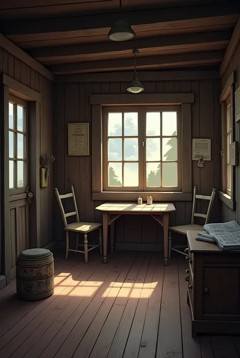 old cabin, room with chairs and a table with a newspaper on top