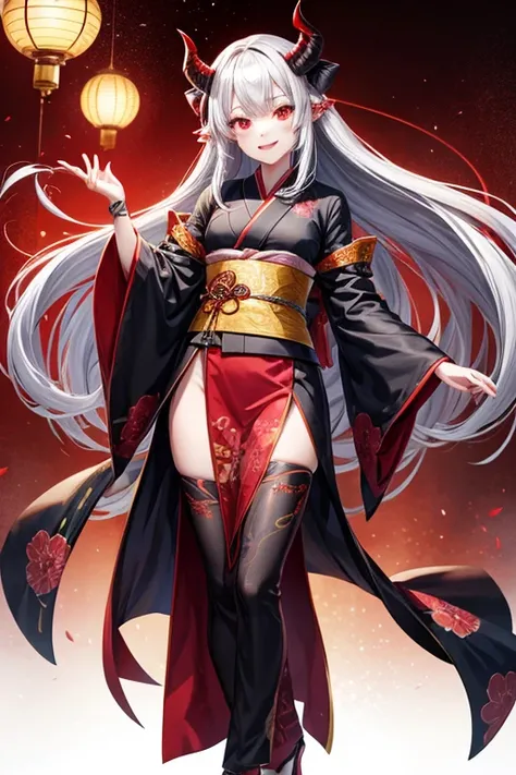 whole body,((front)),Demon Horns,kimono,Mature woman,One girl, High resolution, Red eyes, Very long hair, Best Quality, smile, Grey Skin
