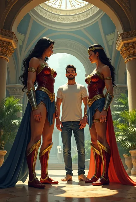 Wonder woman with large breast and muscular body with Antiope from Amazon. both of them greets a handsome man wearing white shirt and jeans. at amazon palacr