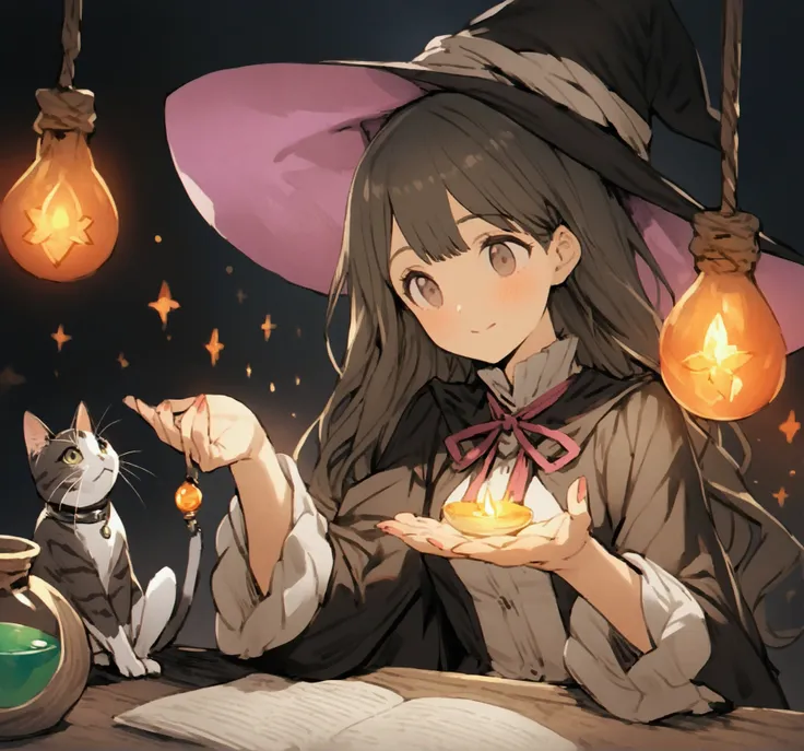 anime girl in witch hat、sitting at a table with a cat, alchemist girl, frivolous anime witch casting a spell, put a spell on the...