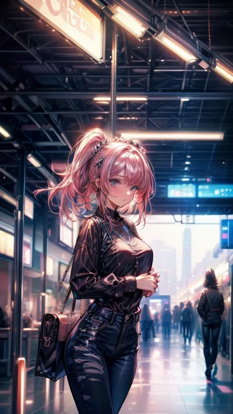 (masterpiece), (best quality), (high resolution), detailed, (Complex detail 1.2), (Hyper detailed 1.4), (Gorgeous digital art 1.2), absurd, 1 Girl, Small Breasts, yes, Hair accessories, Solitary, Pink Hair, (Black shirt:1.3), jeans, (TRAIN STATION:1.2) run...