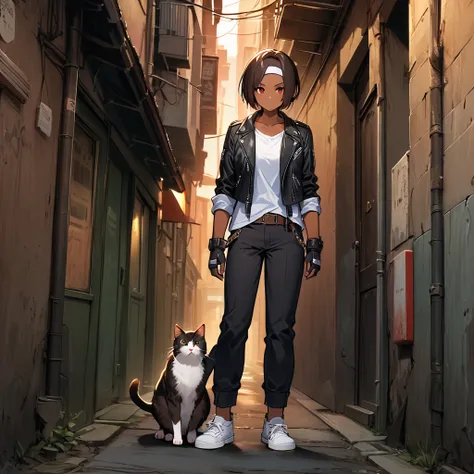 ((black leather jacket with rolled-up arms)), fingerless gloves, white T-shirt, ((white headband)), long black pants, white shoes, girl wearing brown belt petting gray cat, dark hair, short cut, red eyes, dark skin, alley, sunset, urban city