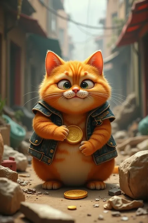 A chubby orange cat with a funny look, discovering a golden coin in the trash with wide eyes, holding the coin while wearing a raggedy vest."