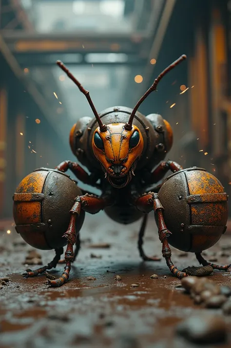 An ant with 2 grenades on its front legs 
