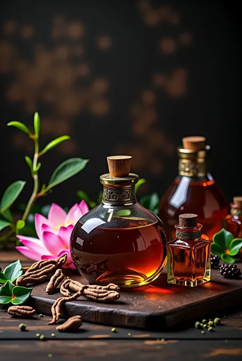 oud oil sitting on top of a table, oud hard sticks, still life photography, 12ml individual oud bottles on the table,, orientalisme, dark brown lighting, dramatic product photography, translucent oud ornate, culinary art photography, herbs and flowers, pin...