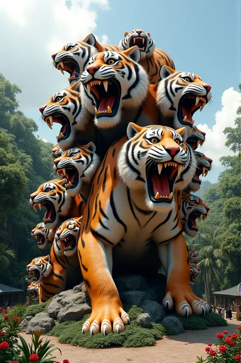 Sculpture of a 10-headed tiger in a zoo in Thailand