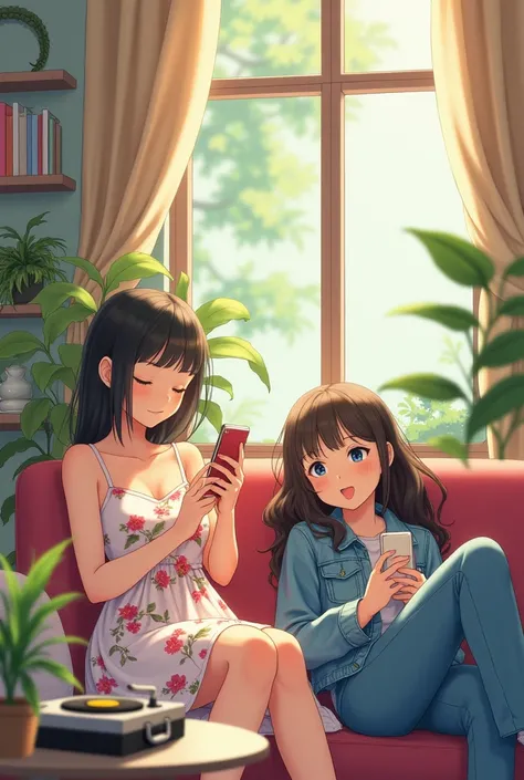 Two teenage Asian girls resting in a cozy cafe on a sunny afternoon. One is sitting in a floral sundress, looking at her phone with a content expression. The other is lying down on a couch, wearing a denim jacket and jeans, also looking at her phone. Soft,...