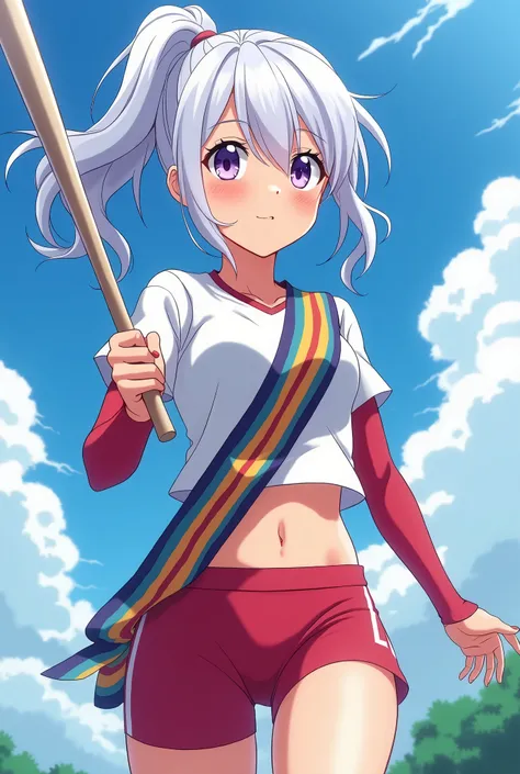 HD、Animation style、white hair 、Purple Eyes、girl、plump breasts 、High school student 、single ponytail、Baseball player、Light color short sleeve top、Long sleeve red underwear、Good shape、Thin、sash、Sky、cloud、sunny、Cycling