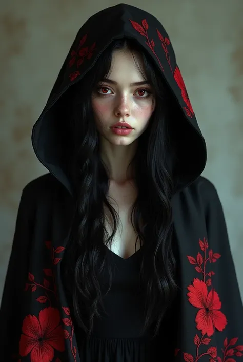 Long straight black hair，bloodless skin，Blood-red eyes，Black dress，A cool girl wearing a black hooded cloak with red embroidery of Hibiscus flowers on the bottom