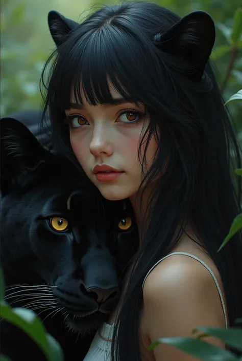 beautiful girl with long black hair and a black leopard next to her