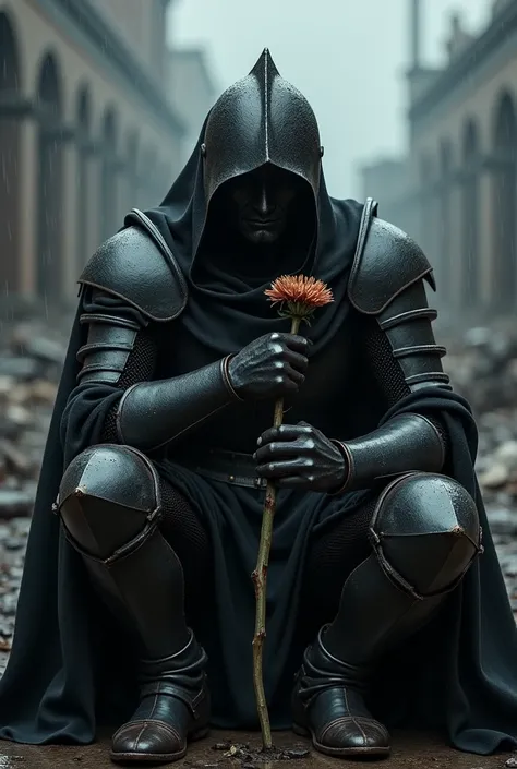 Sad black iron knight who has worn helmet, sitting in an abandoned area with black battle background, putting his right hand with a withered flower on his chest, and its raining 
