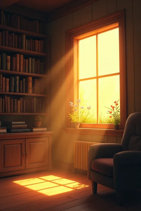 Dim room and bookshelf with square Window where the morning sun comes in through the window, Yellow Golden morning, full bookshelf, outside the window is beautiful grass with tiny flowers and shining Godray sun.