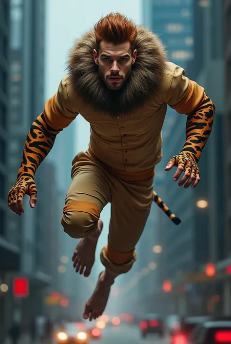 a handsome auburn boy having pompadour fade as his hairstyle and his left arm is of a tiger and his right arm is of a leopard, clad in a beige and orange half sleeved outfit whereby at the round neck is fur from a lion mane, leaping over the skyscrapers in...