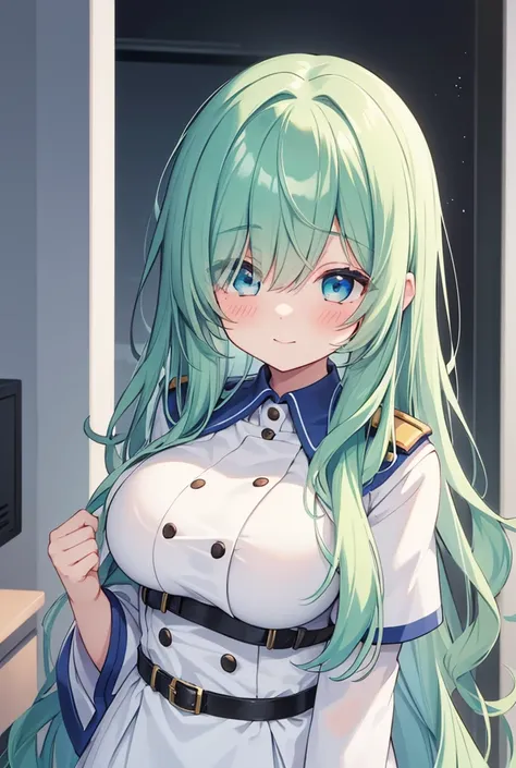 One Girl, Alone, High resolution, Large Breasts, Big Boobs,Green Hair, Hair covering one eye, Long Hair,Long Wavy Hair,The bangs are covering the eyes,The eyes are hidden by hair,Very long bangs,Sweep your bangs to one side,Half of the face is hidden by ba...