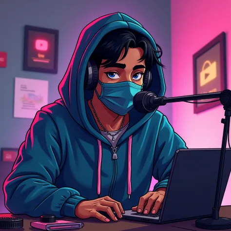 cartoon of a man in a realsitic awesome hoodie sitting at a desk with a microphone, discord profile picture, cyber aesthetic, the encrypted metaverse, art depicting control freak, background artwork, vaporwave cartoon, black hair, rapping into microphone, ...