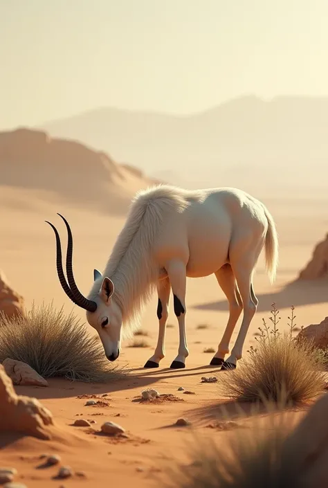 "Feeding in the Desert": Show the Addax grazing on sparse desert plants like grasses, herbs, and small bushes. Despite the barren landscape, the Addax looks content as it finds nourishment.