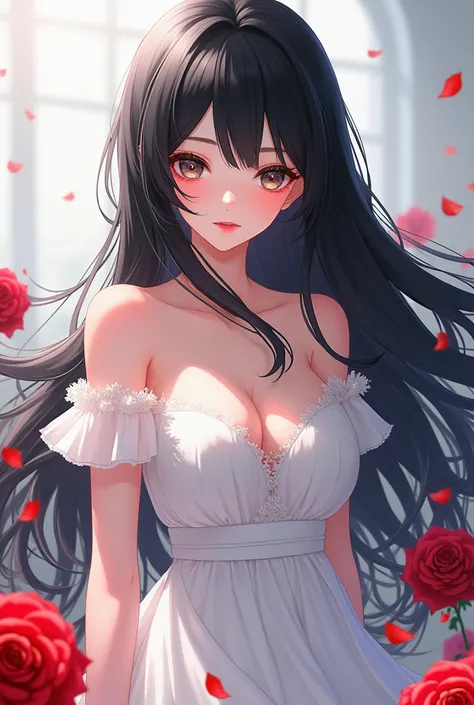 anime girl with long black hair and a white dress with red roses, guweiz, guweiz on pixiv artstation, detailed digital anime art, beautiful anime girl, guweiz on artstation pixiv, anime style 4 k, kawacy, beautiful anime portrait, detailed portrait of anim...