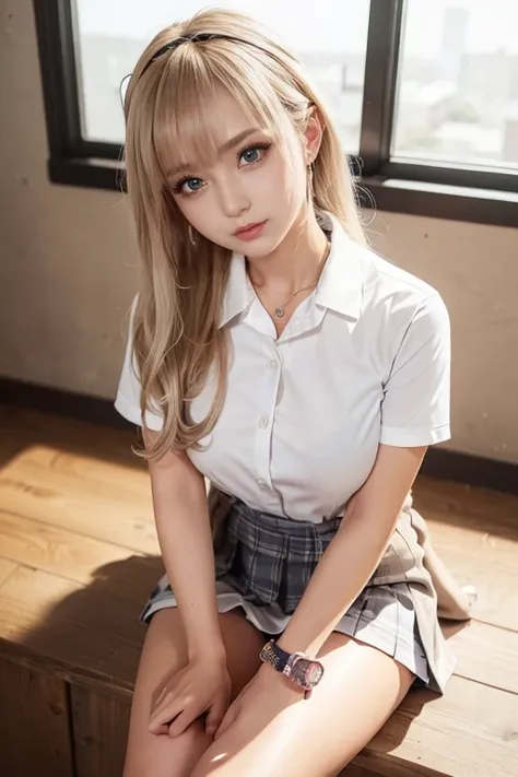 Character Focus、From above(school uniform:1.3), (Plain beige clothing around the waist:1.5), (West Knot:1.3), (white collared-shirt:1.4), ((white collar, Unbutton, Short sleeve):1.2), (Red Plaid Pleated Skirt:1.3), ((necklace, Colorful Bracelets, × Hair Ac...