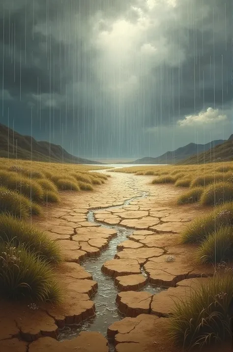 Painting of rain falling on dry land