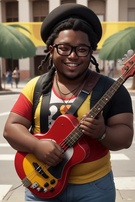 (A fat, dark-skinned tropical musician、Wearing the Venezuelan flag and playing baby bass in the square。, Smiling and wearing glasses and a black beret 