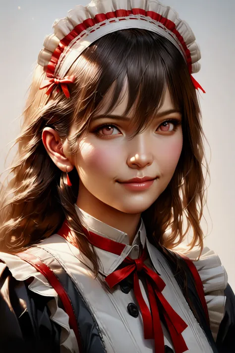 1girl, long hair, beautiful face, cute smile, maid headdress, maids uniform, breasts, hair between eyes, (best quality,4k,8k,highres,masterpiece:1.2),ultra-detailed,(realistic,photorealistic,photo-realistic:1.37),highly detailed,extremely detailed,detailed...